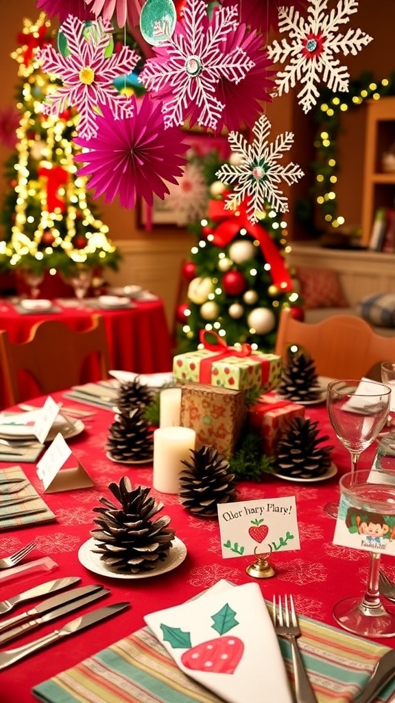 A Christmas table decorated with colorful crafts, including snowflakes, painted pinecones, and festive place cards.